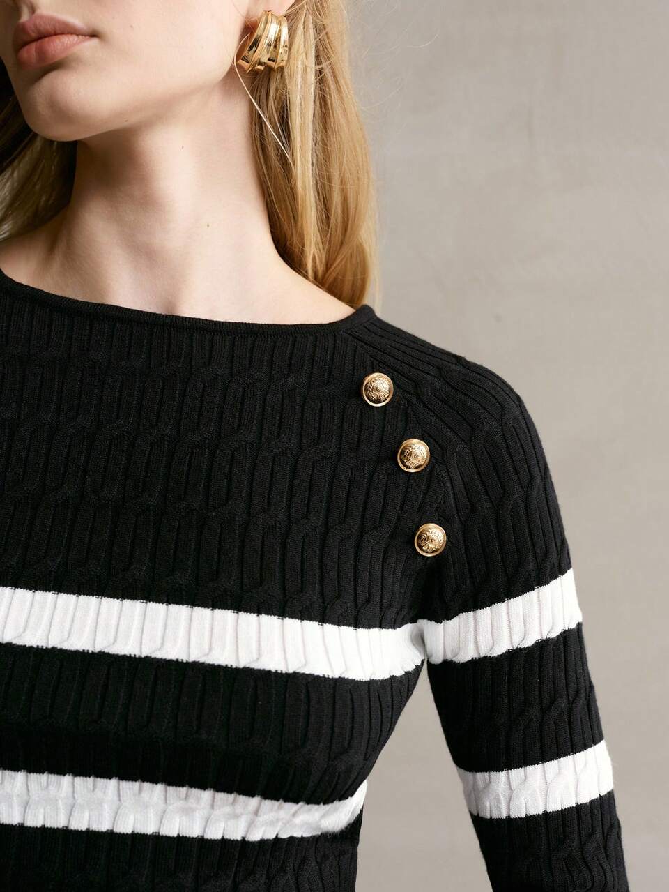 MOTF WOMEN'S STRIPED BUTTON DECOR CABLE KNIT SWEATER