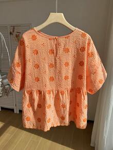 Comfortcana 女款大尺碼韓風刺繡圓領上衣，適合度假旅行、半正式場合，蜜桃色夏季可愛卡哇伊風 - 橘色 - 查看 2