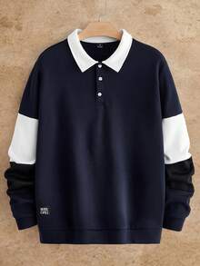 HIMLAND 男士拼色 Polo 領長袖休閒運動衫 - 藏蓝色 - 查看 1