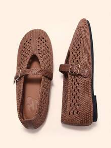 CUCCOO BASICS Ladies' Shoes With Hollowed Out Weaving And A Single Buckle With A Flat Bottomed Retro Low Vamp Mary Jane Shoes, Versatile For Daily Use Fall Shoes - Coffee - View 5