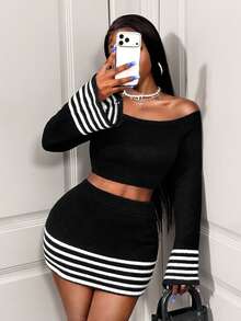 BamGleam Melanin Women Cold Shoulder Ribbed Knit Two Pieces Outfit, Flare Cuff Black And White Crop Top + Bodycon Mini Party Night Night Night Autumn Sexy - Black and White - View 2