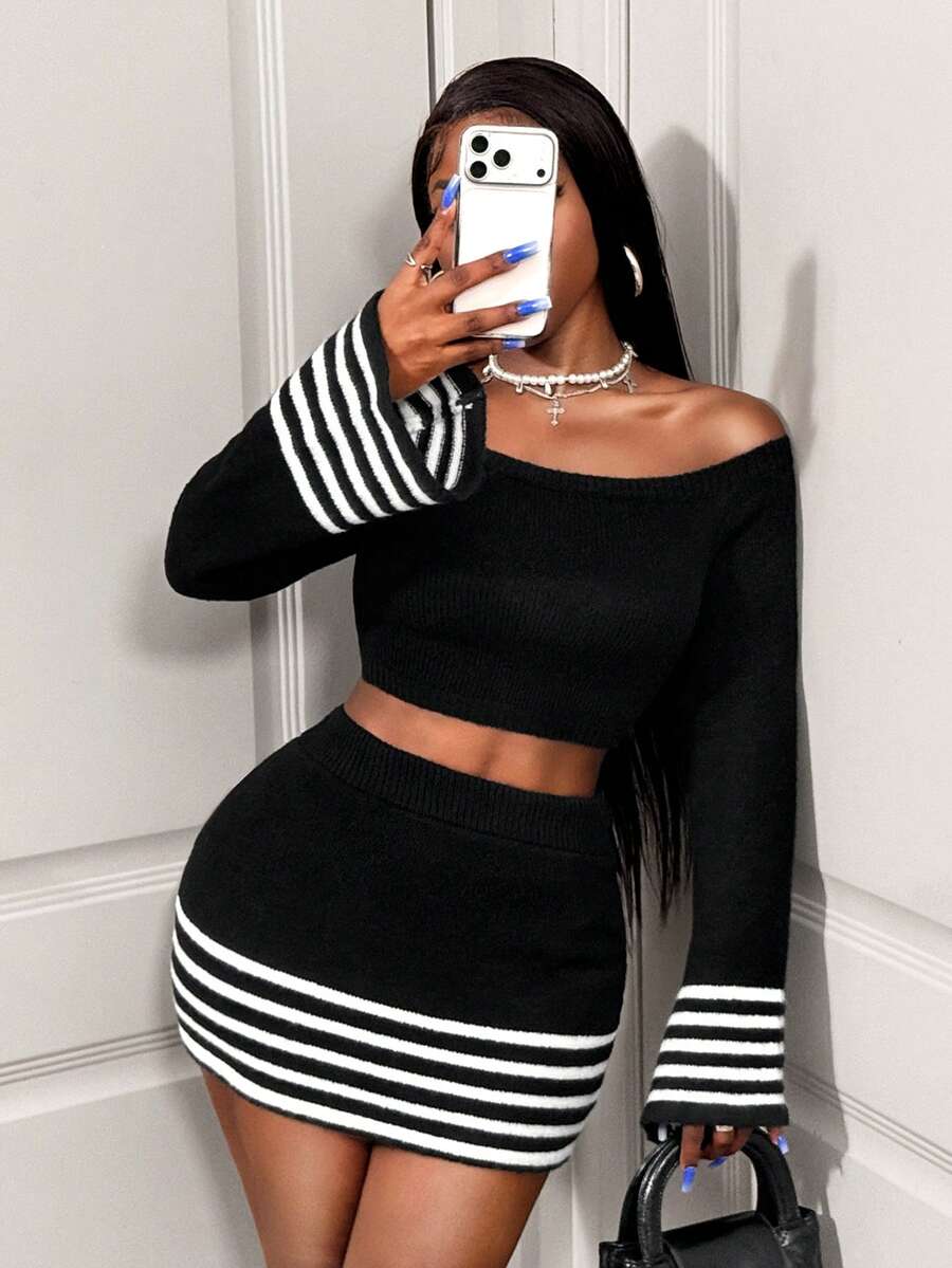 BamGleam Melanin Women Cold Shoulder Ribbed Knit Two Pieces Outfit, Flare Cuff Black And White Crop Top + Bodycon Mini Party Night Night Night Autumn Sexy