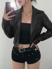 DAZY 秋季長袖深黑色PU皮革夾克，寬鬆休閒街頭戶外Y2K短版女款夾克 - 黑色 - 查看 3