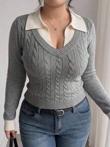Dazy Plus Sweater Pullover Kasual Seksi untuk Musim Semi dan Gugur dengan Kerah Polo Warna Kontras Motif Patchwork dan Rajutan Kabel Lengan Panjang untuk Wanita, Cocok untuk Musim Semi dan Gugur. - Grey - View 4