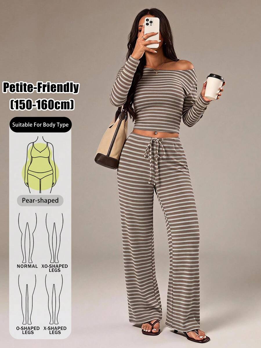 SHEIN PETITE Women's Striped Long Sleeve T-Shirt And Pants Casual 2 Pieces Set - Brown - View 1