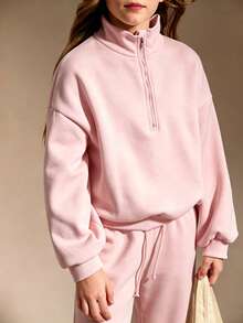 SHEIN 青少年女孩半拉鍊寬鬆連帽衫與休閒運動褲套裝，寬鬆版型，返校穿搭，舒適秋冬風格 - 粉色 - 查看 4