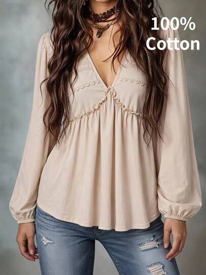 Freevana Women's Plus Size V-Neck Lantern Sleeve Long Sleeve Top, Apricot Lace Trim Elegant Romantic Solid Color Blouse, Casual Daily Wear, Spring Summer Autumn Winter T-Shirt