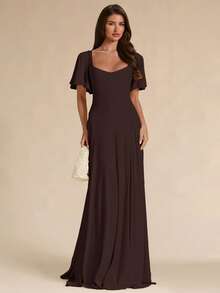SHEIN BAE Spring/Summer Solid Apricot Square Neck Ruffle Sleeve A-Line Flare Maxi Dress - Coffee Brown - View 6