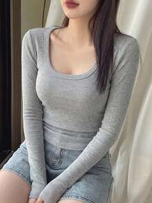 DAZY 女款休閒百搭純色長袖上衣 - 灰色 - 查看 2