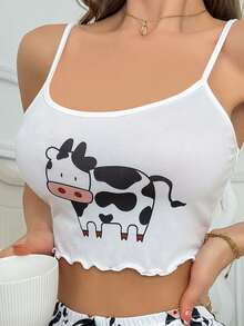 SHEIN Casual Underwear&Sleepwear 女士奶牛印花圆领蕾丝肩带吊带背心、睡衣吊带背心（不含短裤） - 白色 - 查看 5