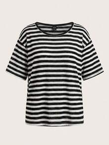 SHEIN EZwear 休閒極簡黑白條紋針織人造絲落肩寬鬆女款T恤，適合夏季度假，薄款 - 黑與白 - 查看 2