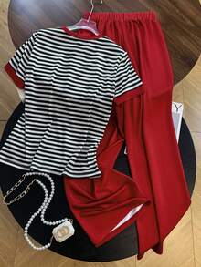 SHEIN Plus Size Summer Casual Striped T-Shirt And Pants 2 Pieces Set Brunch Sports White Red - Multicolor - View 2