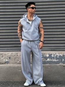 DAZY Autumn/Winter Thermal Lined Grey Hooded Sleeveless Half-Zip Sweatshirt And Elastic Waist Long Pants Men's Set - Grey - View 6