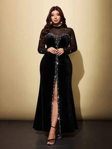 Viva Relle Đầm dài nữ size lớn phối patchwork lưới xuyên thấu đính đá rhinestone, phong cách thanh lịch lãng mạn, phù hợp cho tiệc chiêu đãi, dạ hội, tiệc tùng và các dịp khác - màu đen - Xem 5