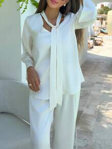 Alya Khalil V-Neck Tie Flare Sleeve Satin Top & Loose Wide Leg Pants 2 Pieces Set, Champagne Color Elegant - Champagne - View 6