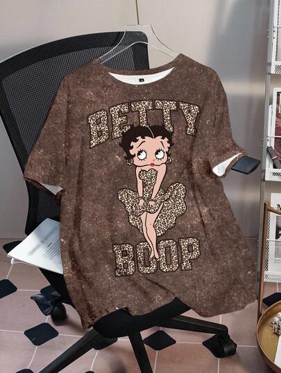 Betty Boop x SHEIN Plus Size Summer Casual Cartoon Leopard Print Letter Graphic T-Shirt