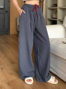 Dazy Tall Women's Elastic Waist Striped Loose Straight Leg Casual Pants - Navy Blue - View 4