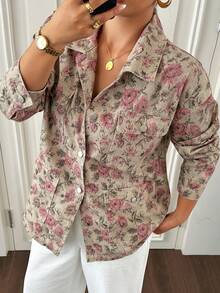 Dazy Plus Floral All-Over Print Lapel Pocket Punk Loose Street Casual Long Sleeve Denim Jacket Fall - Pink - View 6