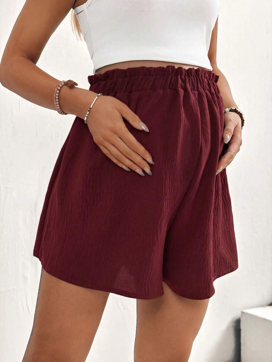 SHEIN Maternity Solid Color Adjustable Waist Loose Casual Shorts - Burgundy - View 1