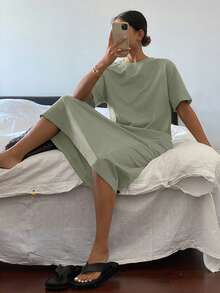 Livesso 女士圆领短袖纯色简约时尚优雅连衣裙 - 綠色 - 查看 3