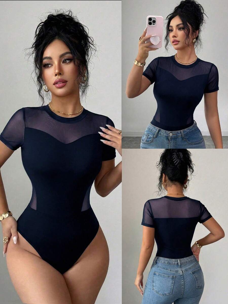 Elenzga Women's Spring/Summer Exquisite Elegant Black Contrast Mesh Round Neck Short Sleeve Fitted Slim Bodysuit - Navy Blue - View 1