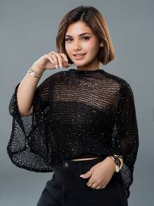 SARA VAULT 女款串珠鏤空不對稱披肩罩衫，春夏黑色 - 黑色 - 查看 3