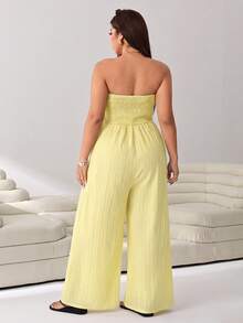 Solflare Plus Size Women Solid Color Ruched Casual Daily Strapless Jumpsuit Wide Leg Pants - Yellow - View 2