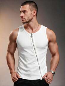 ZURIURI Men's Summer Sleeveless Tank Top - Ribbed Front Zipper Slim Fit, Fitness Training Sports Top - White - View 7