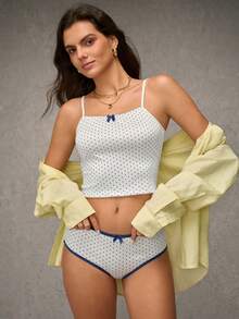 Esseday Women's Polka Dot Print Bow Decor Camisole Tank Top - Blue and White - View 6