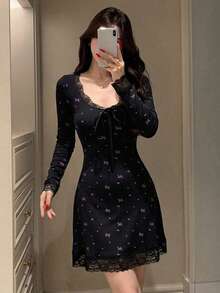 Dazy Tall Gaun Pendek Wanita Ukuran Besar dengan Leher Bulat, Lengan Panjang, Pita, Motif Penuh, dan Patchwork Renda, Cocok untuk Musim Gugur - Hitam - View 4