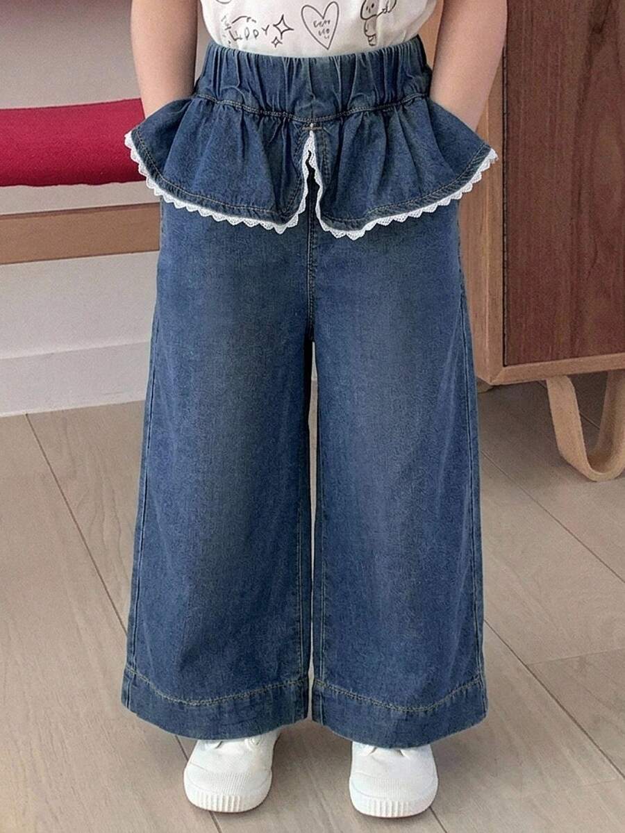 Dazy Kids 女童彈性腰 3/4 長度牛仔短褲 - 深色水洗藍 - 查看 1