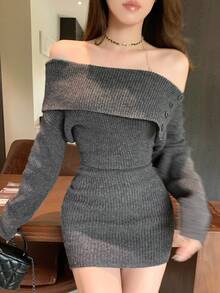 Dazy Tall Women's Off-Shoulder Off-Shoulder Long Sleeve Elegant Short Sweater Dress - Dark Grey - View 4