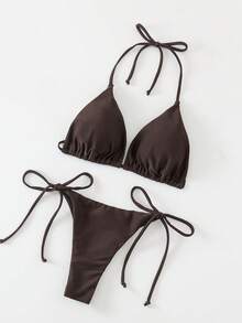 Swim Basics Solid Color Sexy Tie-Up Bikini Swimwear Set For Women, Beach Wear For Summer Beach Vacation - Coffee Brown - View 4
