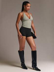 SHEIN BAE Autumn/Winter Grey-Green Halter Tie-Up Tank Top, Simple Casual,Y2K Tops,Sexy Tops,Basic Tops,Green Top,Gym Clothes - Olive Green - View 3
