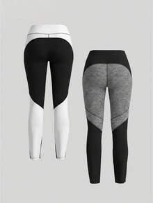 Sweetra Contrast Stripe High Waist Seamless Sports Leggings - Multicolor - View 2