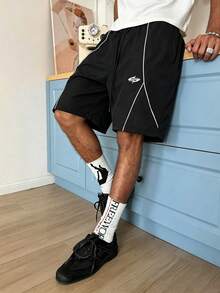 STEELVANCE Herren Lässig Sommer Kontrast Saum Kordelzug Taille Bermuda Strand Shorts - Schwarz - Übersicht 1