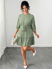 Elenzga Plus Size Women Solid Color Pleated Casual Elegant Everyday Autumn Dress Formal Brunch Sage Green - Army Green - View 5