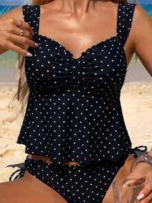 Swim Mod Women's Fashion Polka Dot Floral Trim Decorated Camisole & Bikini Set, Suitable For Summer Beach Vacation - Black and White - View 1