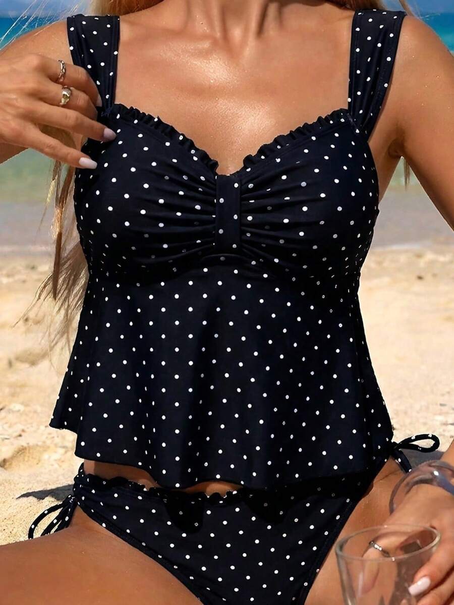 Swim Mod Women's Fashion Polka Dot Floral Trim Decorated Camisole & Bikini Set, Suitable For Summer Beach Vacation - Black and White - View 1