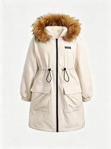 SHEIN Tween女孩秋冬休閒街頭風連帽拼接羅紋收腰口袋保暖內裡加厚中長版夾克外套，精緻優雅奶油白 - 杏色 - 查看 3