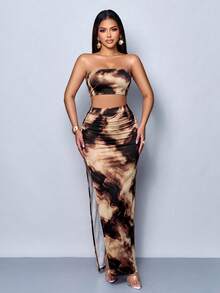 SOLERSUN Women's Marble Print Tube Top Split Bodycon Maxi Skirt Two Pieces SetPerfect Vacations And Parties Party Club Brown Checkered Summer Sexy - Multicolor - View 3