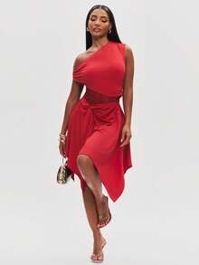 NYA SZN Dress Mini Length One Shoulder Lace Handkerchief Hem High Low Casual Brunch Date Night Summer Red Outfits For Women - Multicolor - View 3