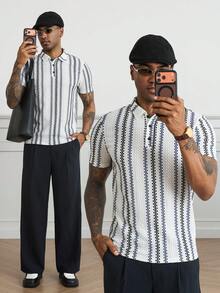 HUEFORM Men's Old Money Loose Fit Polo Shirts,Textured Fabric With Color-Block Stripes,Suitable For Everyday Outings And Lounging At Home - Multicolor - View 6