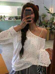 Dazy Tall Women's Large Scoop Neck Long Sleeve Polka Dot Casual Pullover T-Shirt Fall - White - View 2