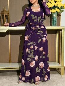 Modelyn 大尺碼花卉印花百褶 3D 花朵裝飾長袖度假洋裝 - 紫色 - 查看 4
