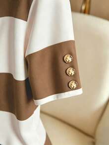 SHEIN Franclia 女款圓領拼色休閒百搭日常短袖連身衣 - 卡其色 - 查看 3