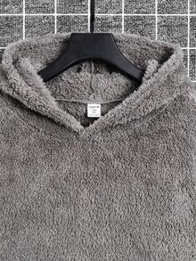 SHEIN 青少年男孩休閒刺繡雙面抓毛連帽套頭衛衣，秋冬款灰色上衣 - 灰色 - 查看 6