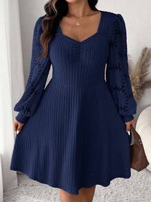 SHEIN Frenchy Plus Size Elegant Commuter Solid Color Jacquard Patchwork Dress Fall - Navy Blue - View 2