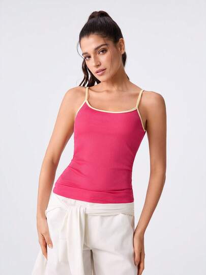 Loungeista Minimalist Colorblock Spaghetti Strap Tank Top, Korean Style Ribbed Camisole, Slim Fit Flattering Versatile Inner Layer Top