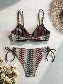 Swim Chiccia Spring/Summer Best-Selling Beach Vacation Casual Textured Jacquard Fabric Adjustable Shoulder Strap Cup Top With Decorative Trim Hem Steel Wire Support Back Buckle + Textured Special Fabric Side Tie Bow Triangle Bikini Bottom Summer Outfit Cute Luxury 2-Piece Set - Multicolor - View 3